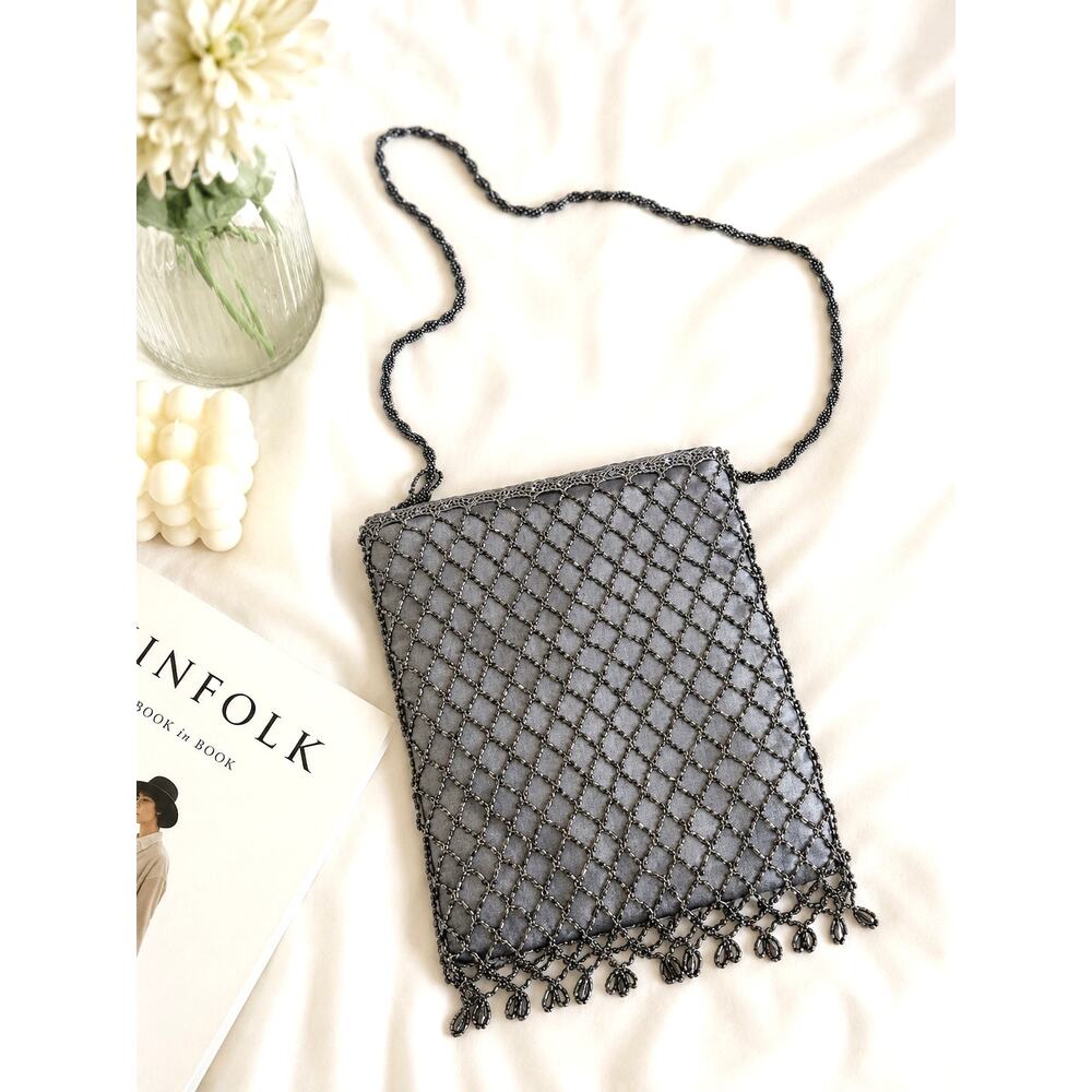 Vintage Gray Beaded Mesh Evening Crossbody Bag Purse with Fringe Beaded Strap